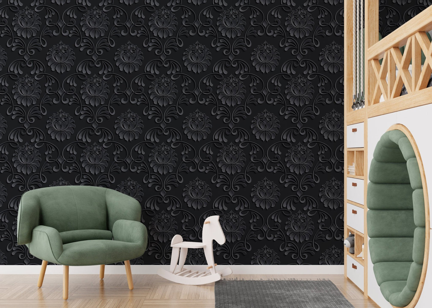 Black abstract damask wallpaper in a nursery with a green armchair and toy horse.
