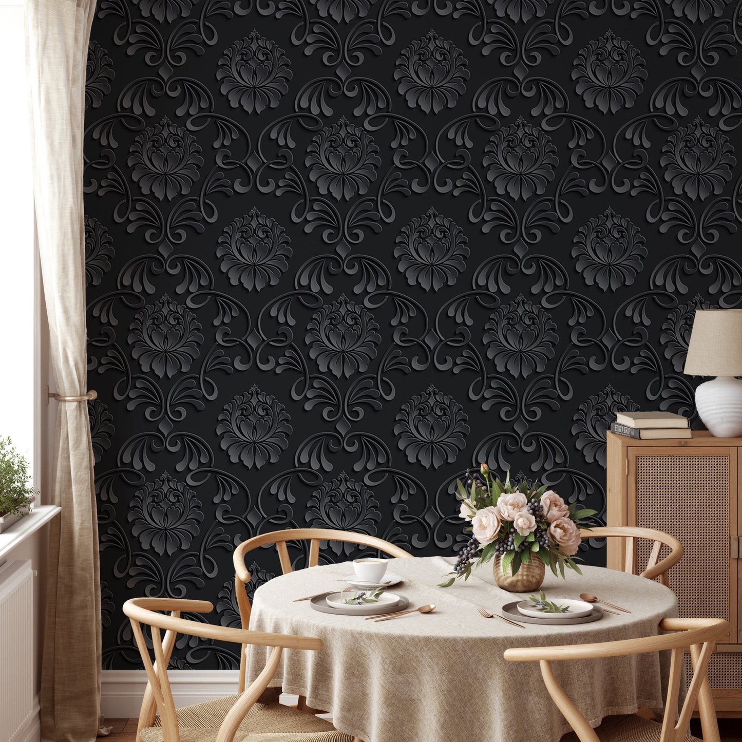 Black Color Abstract Pattern Damask Wallpaper in a dining room with a round table.