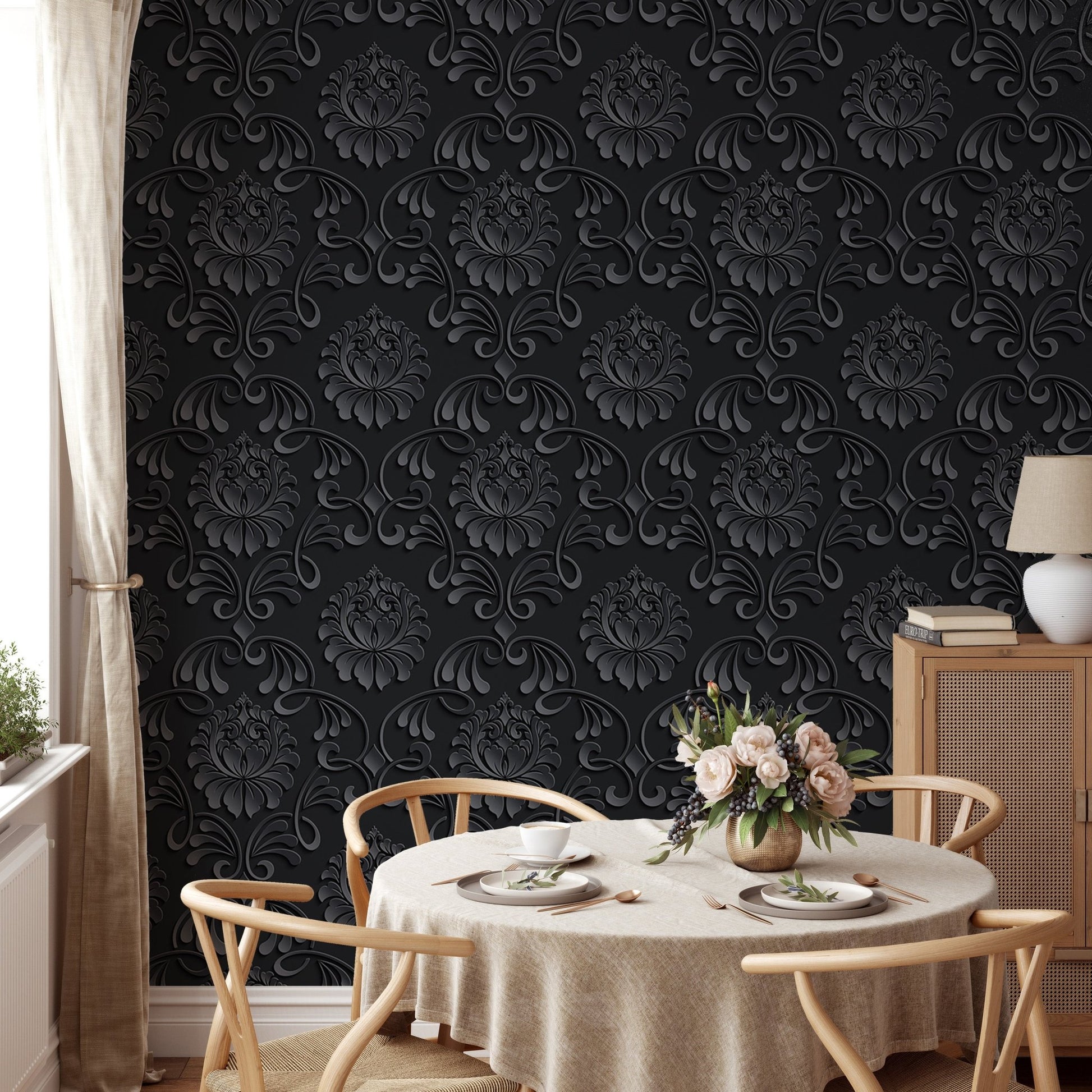 Black Color Abstract Pattern Damask Wallpaper in a dining room with a round table.