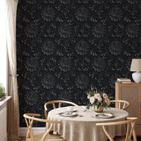 Black Color Abstract Pattern Damask Wallpaper in a dining room with a round table.
