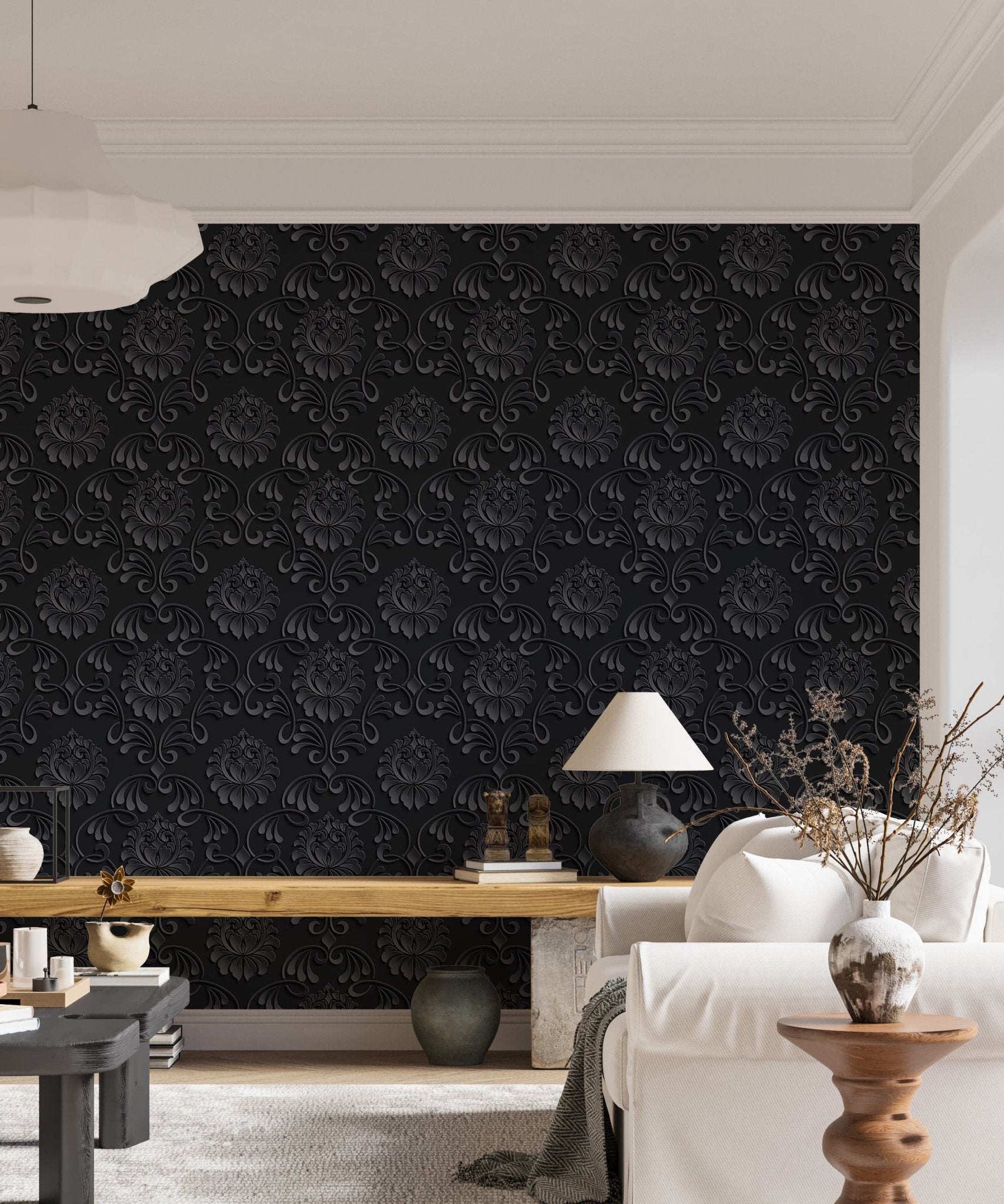 Black Color Abstract Pattern Damask Wallpaper in a living area with a white sofa.