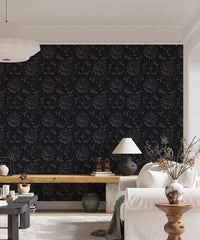 Black Color Abstract Pattern Damask Wallpaper in a living area with a white sofa.