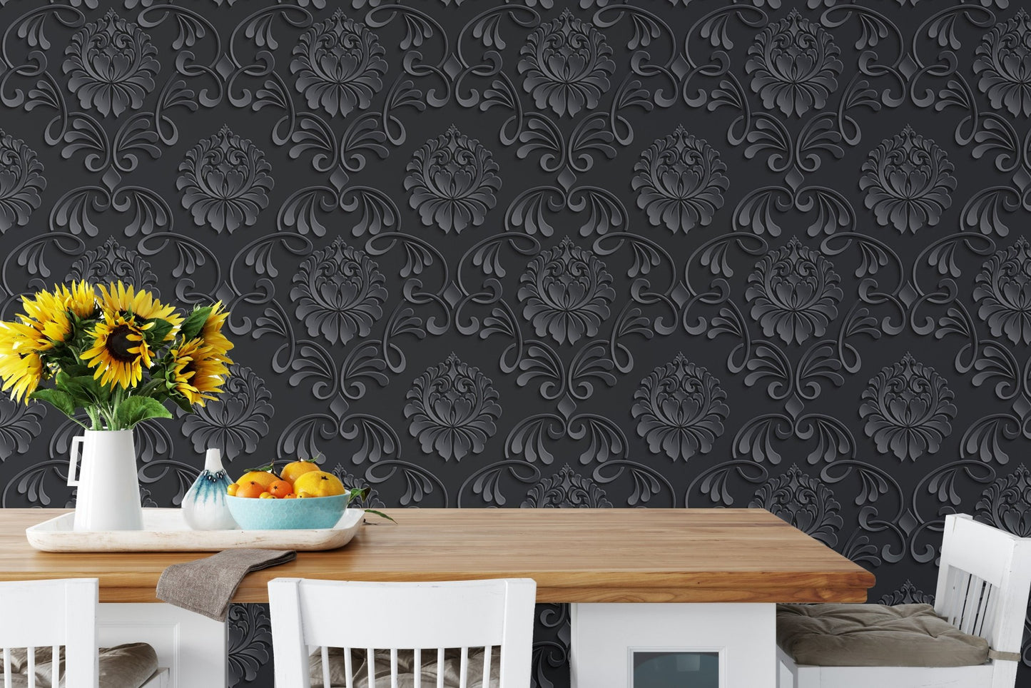 Floral pattern wallpaper in a dining area behind a wooden table with sunflowers.