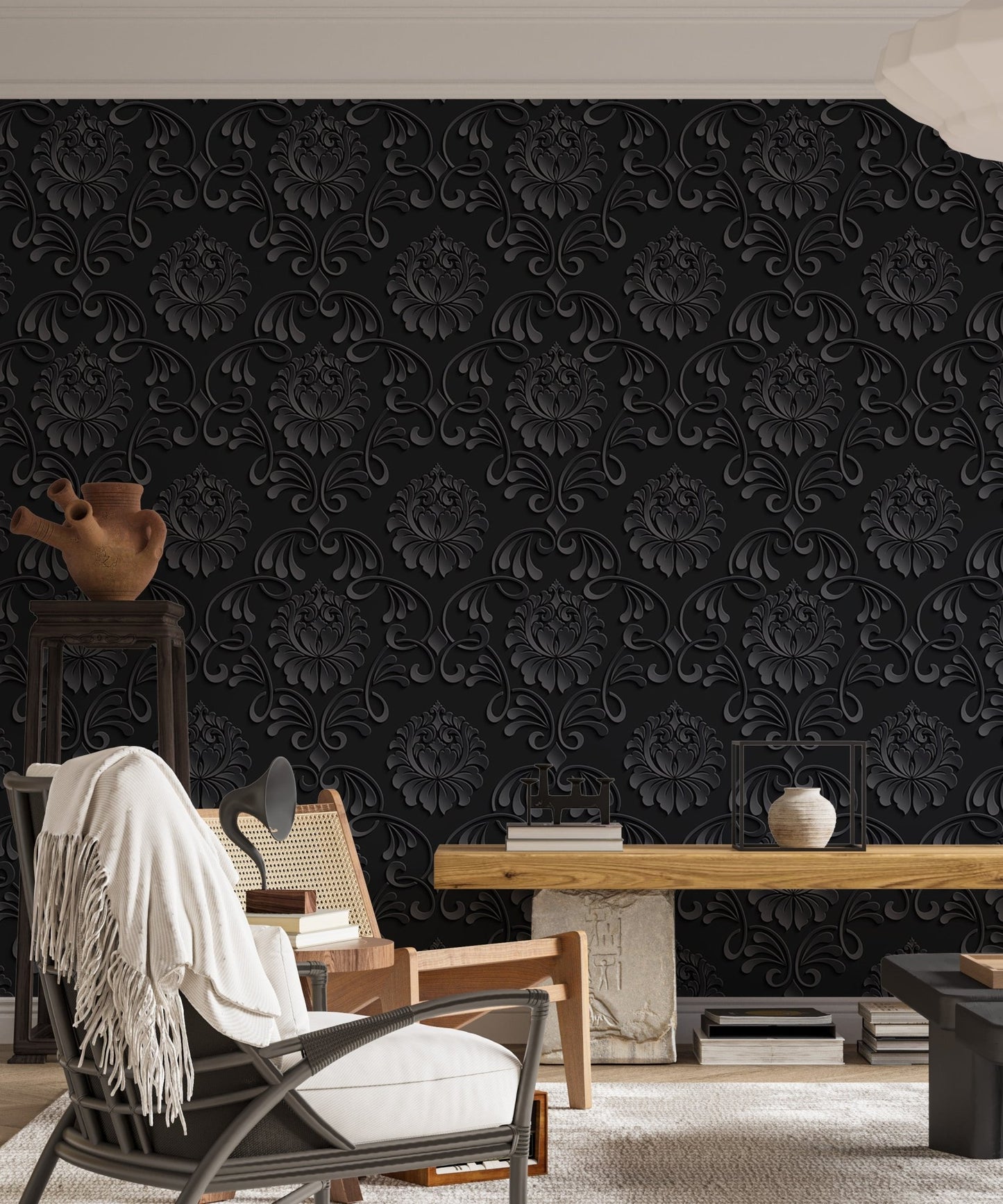 Black Color Abstract Pattern Damask Livingroom Wallpaper behind a wooden bench.