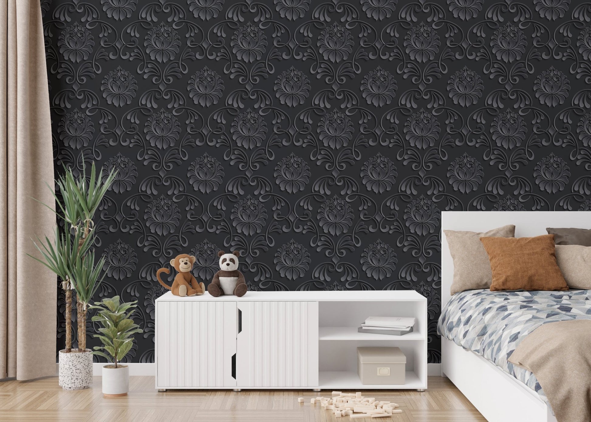 Dark charcoal damask wallpaper in a bedroom with white storage cabinets.
