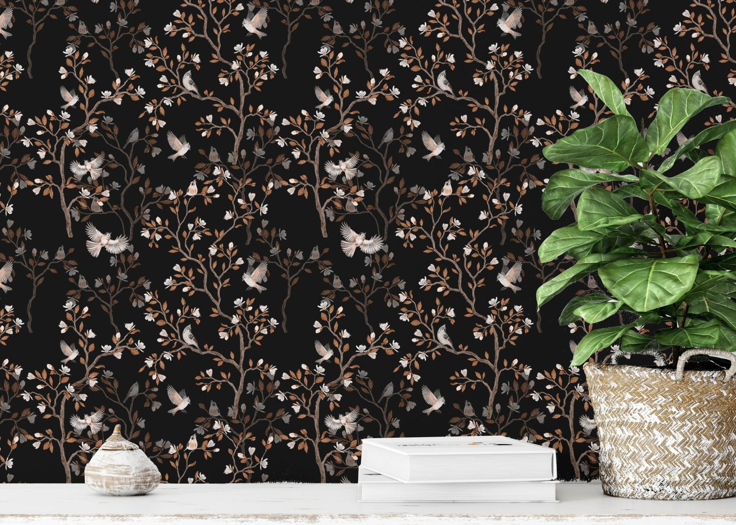 Black Color Chinoiserie Repeat Pattern Magnolia Tree Birds Wallpaper with green plants.