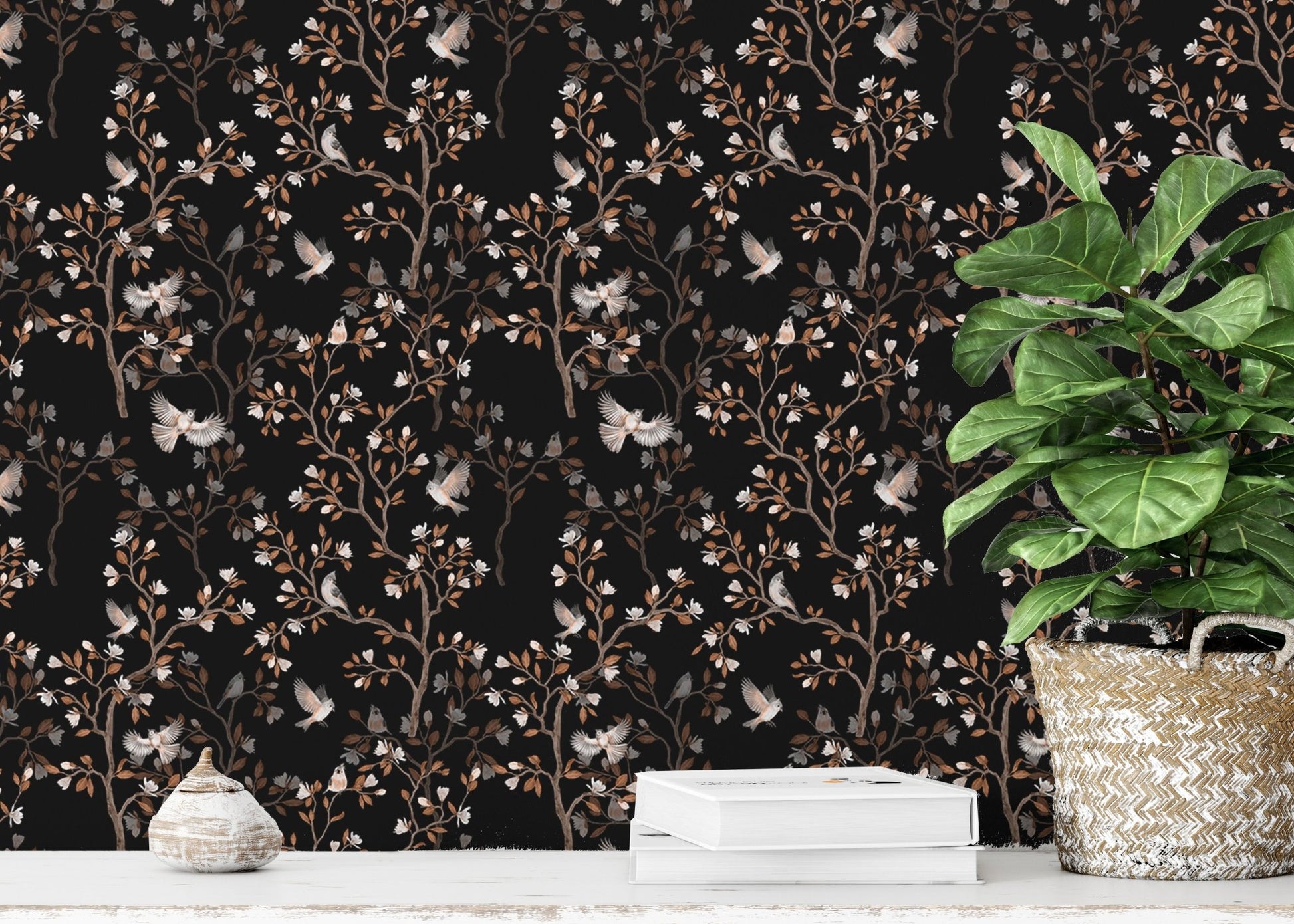 Black Color Chinoiserie Repeat Pattern Magnolia Tree Birds Wallpaper with green plants.
