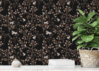 Black Color Chinoiserie Repeat Pattern Magnolia Tree Birds Wallpaper with green plants.