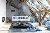 Elegant ink fusion mural featuring black and gold tones in attic living area.
