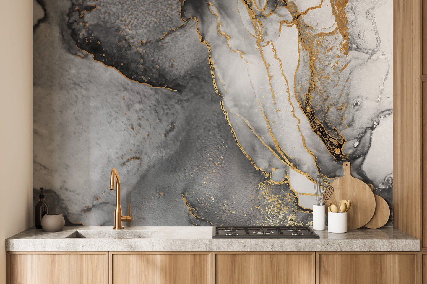 Artistic black gold ink mural for contemporary kitchen wall decor.
