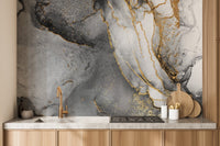 Artistic black gold ink mural for contemporary kitchen wall decor.
