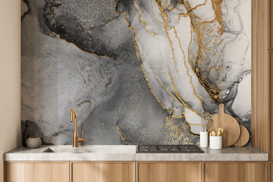 Artistic black gold ink mural for contemporary kitchen wall decor.
