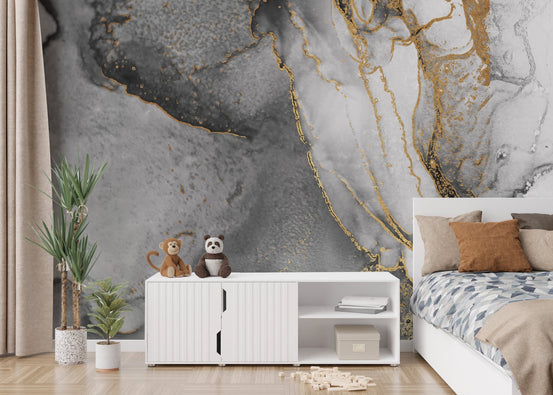 Luxurious black and gold ink fusion mural for elegant kids bedroom walls.
