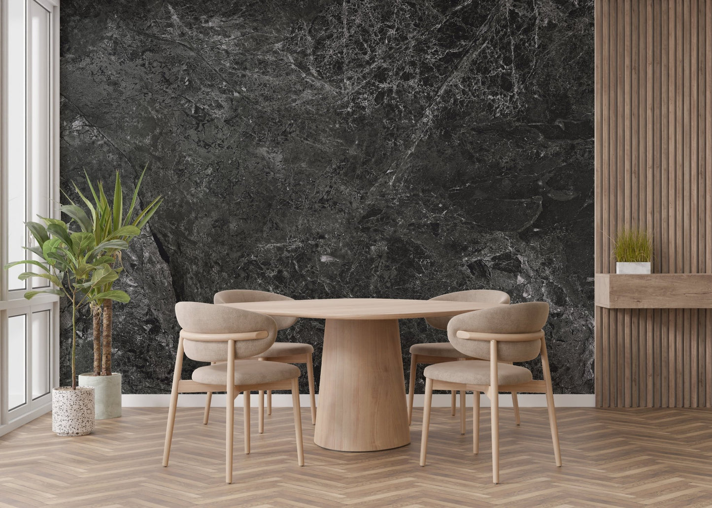 Minimalist dining room with light wood floors and dark wallpaper mural.