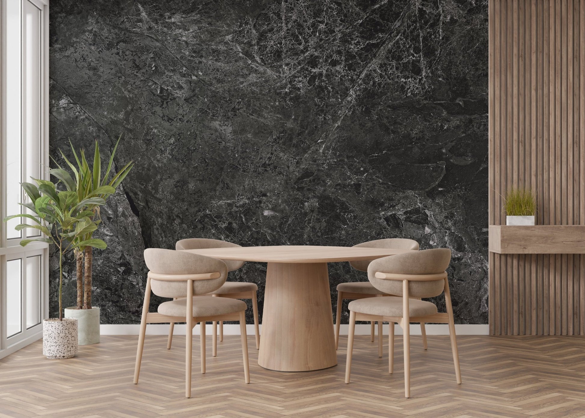 Minimalist dining room with light wood floors and dark wallpaper mural.