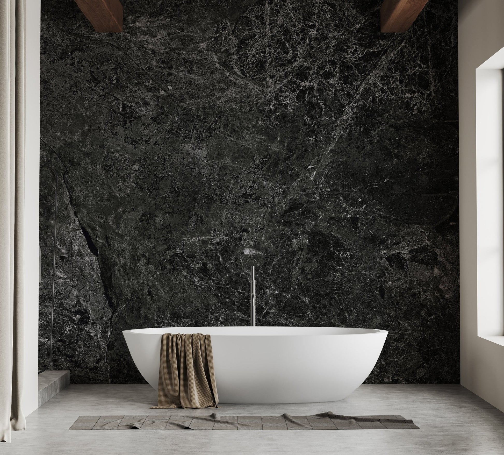 Luxury bathroom setting with dark textured wall mural and wooden accents.