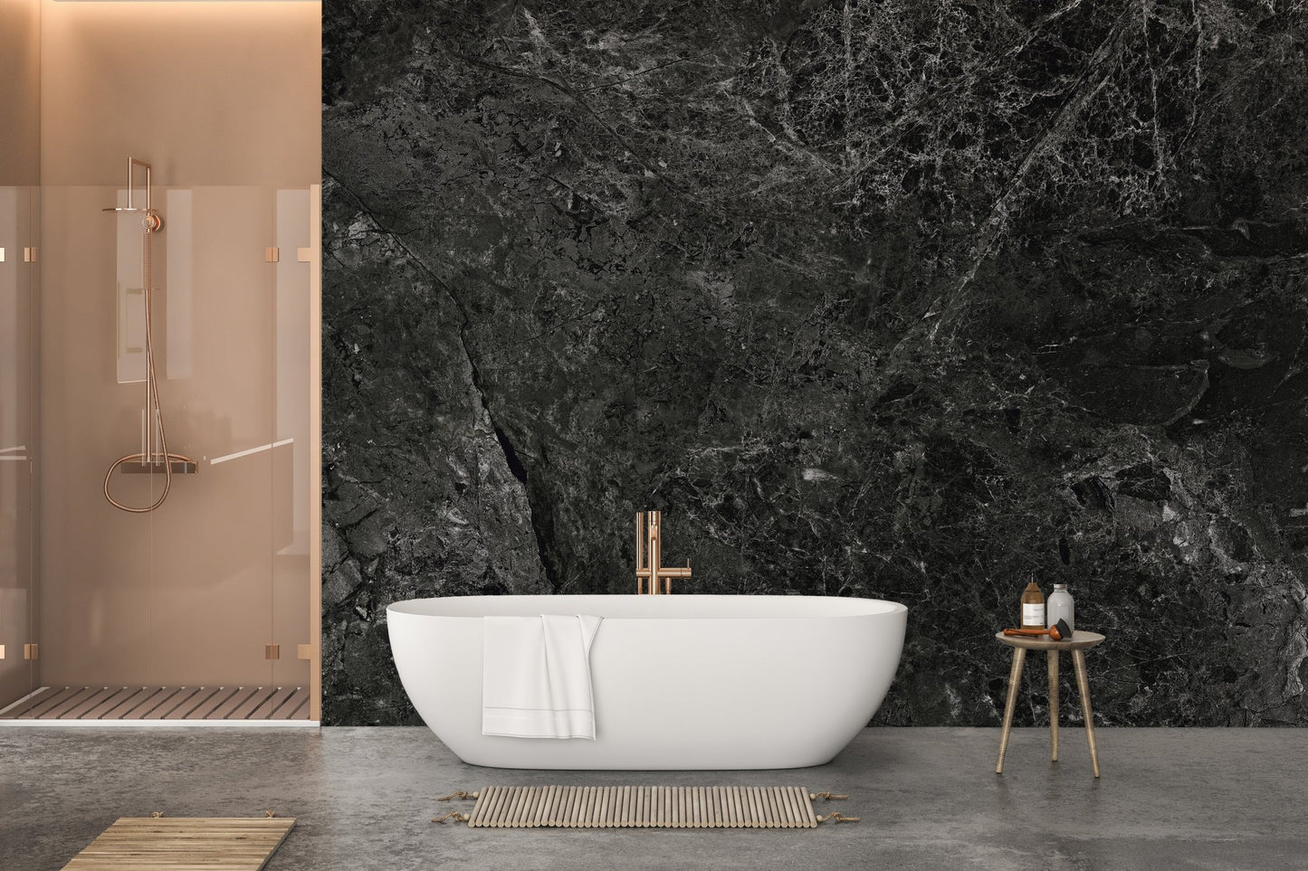 Modern bathroom featuring Black Gnite Reflections Wallpaper Murals and a white tub.