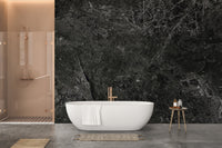 Modern bathroom featuring Black Gnite Reflections Wallpaper Murals and a white tub.