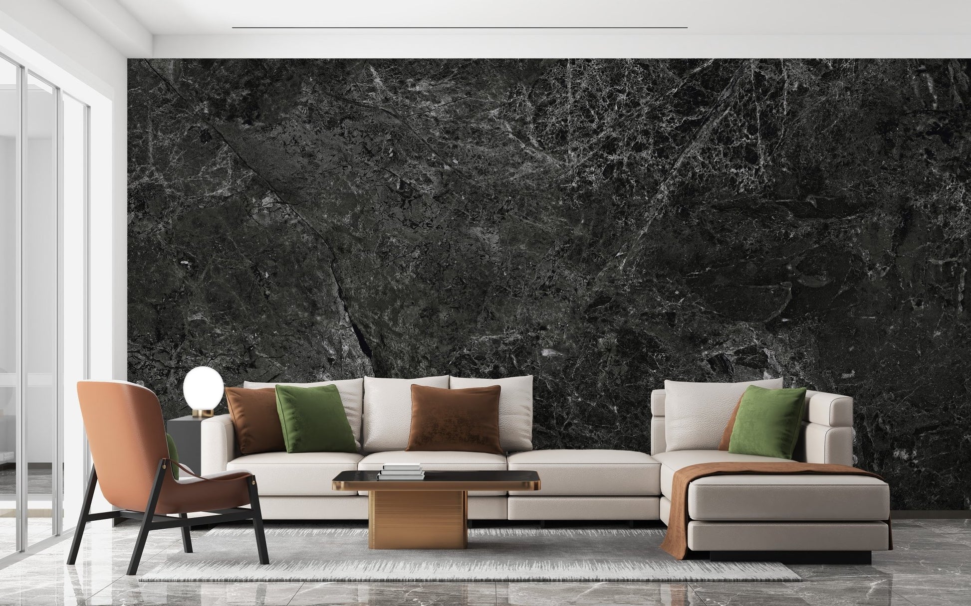 Minimalist living room with a black marble textured wallpaper mural and neutral sofa.