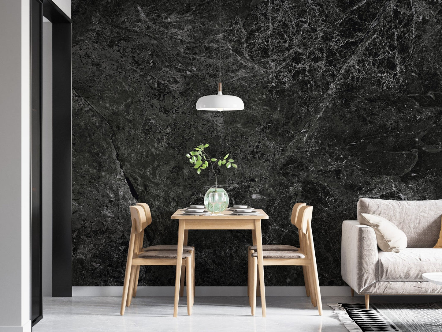 Small dining nook featuring a dark marble wallpaper mural and hanging pendant light.