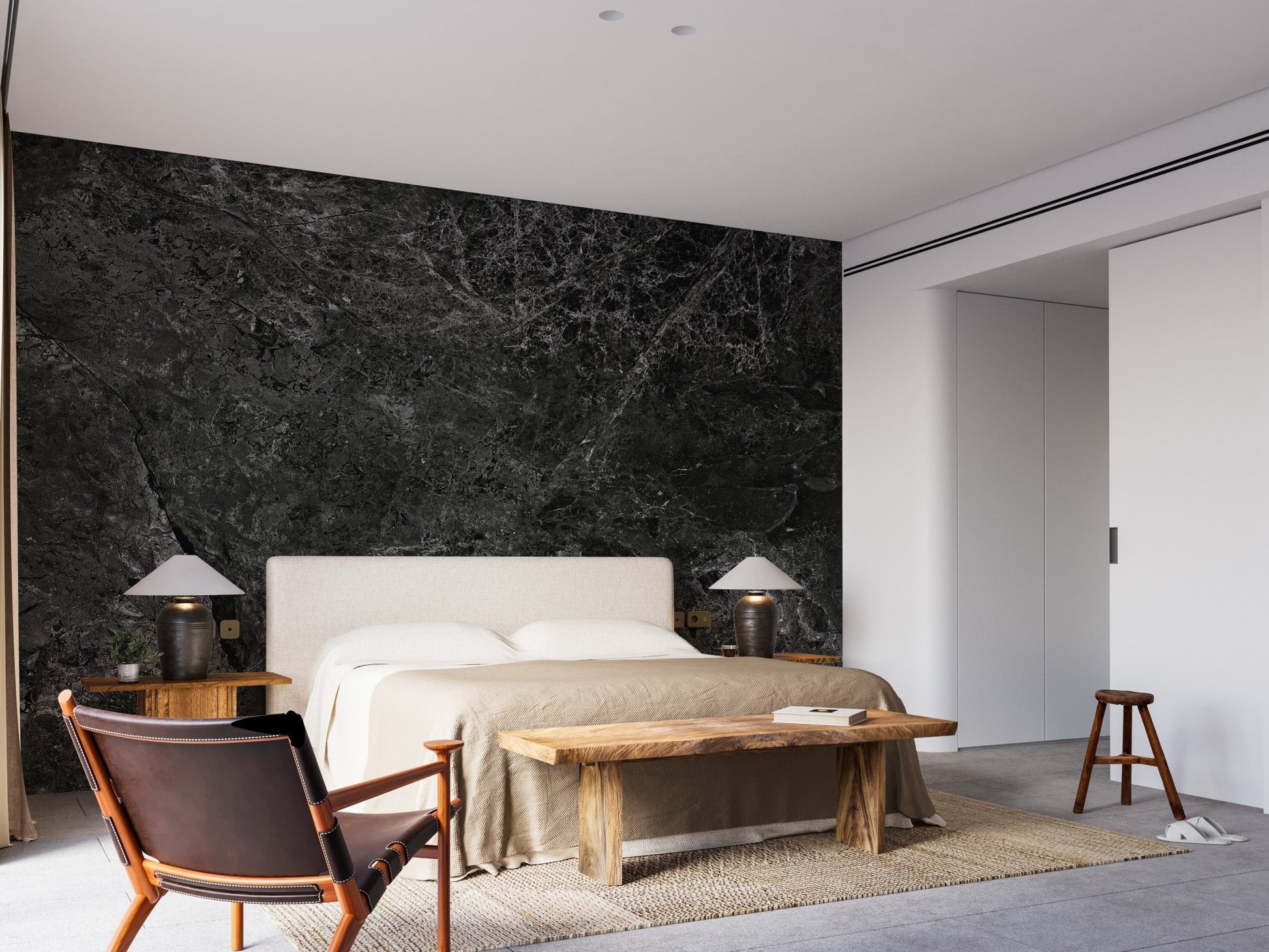Black Granite Reflections Wallpaper Murals in a contemporary bedroom suite.