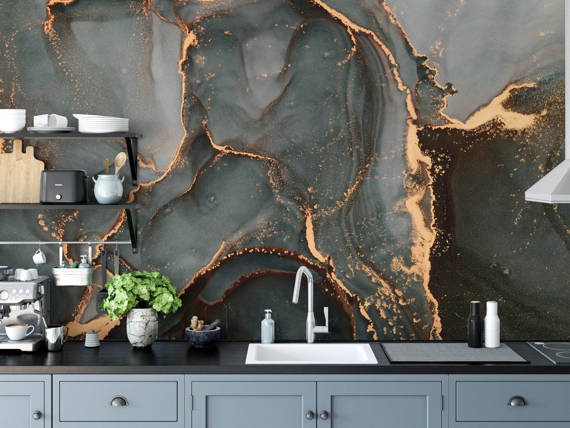 Black Gray Abstract Marble Luxury Wall Mural used as a kitchen backsplash.