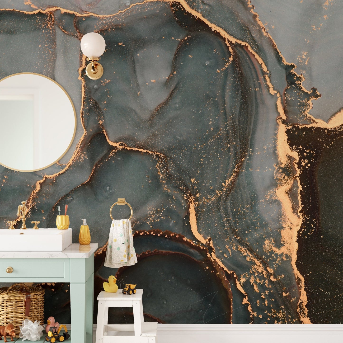 Large scale marble wall mural behind a vanity with a round mirror.