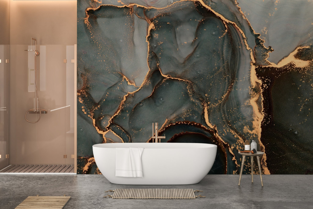 Black Gray Abstract Marble Luxury Wall Mural in modern bathroom.
