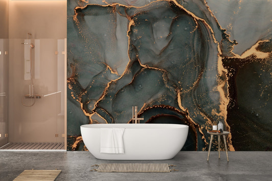 Black Gray Abstract Marble Luxury Wall Mural in modern bathroom.