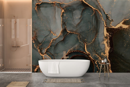 Black Gray Abstract Marble Luxury Wall Mural in modern bathroom.