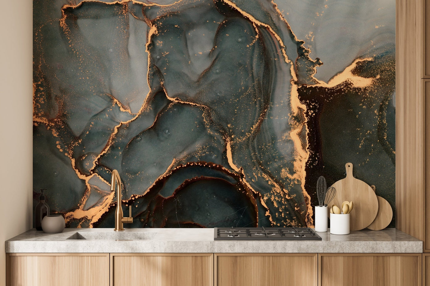 Black Gray Abstract Marble Luxury Wall Mural in a professional kitchen space.