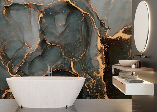 Abstract marble wall mural with gold veins in a modern bathroom setting.