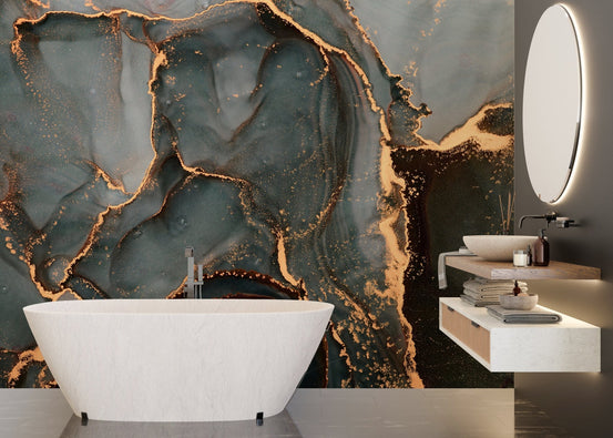 Abstract marble wall mural with gold veins in a modern bathroom setting.