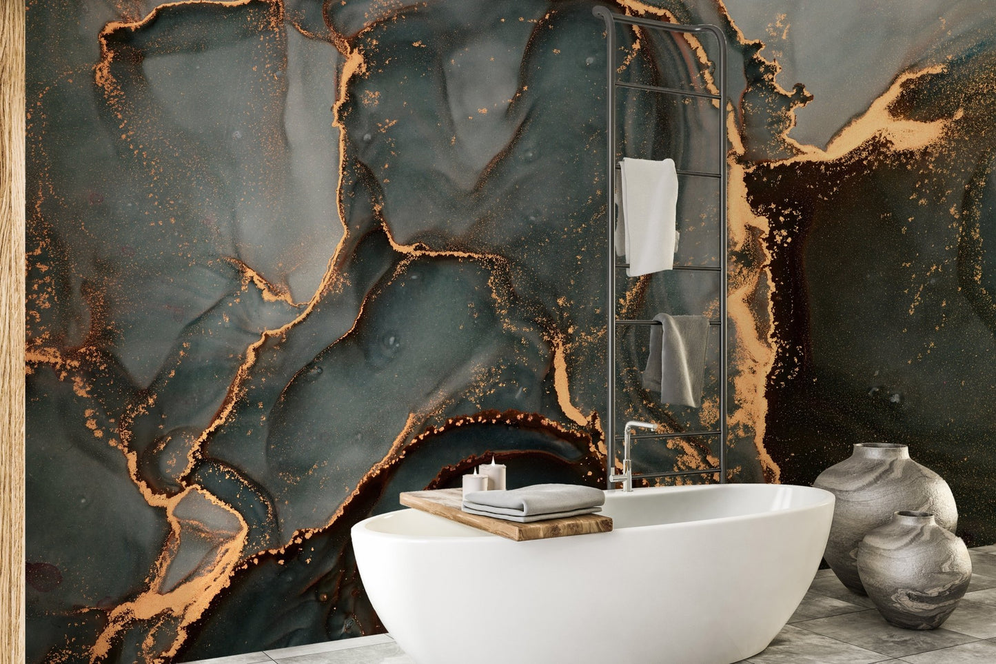 Abstract black-gray marble wall mural for elegant bathroom