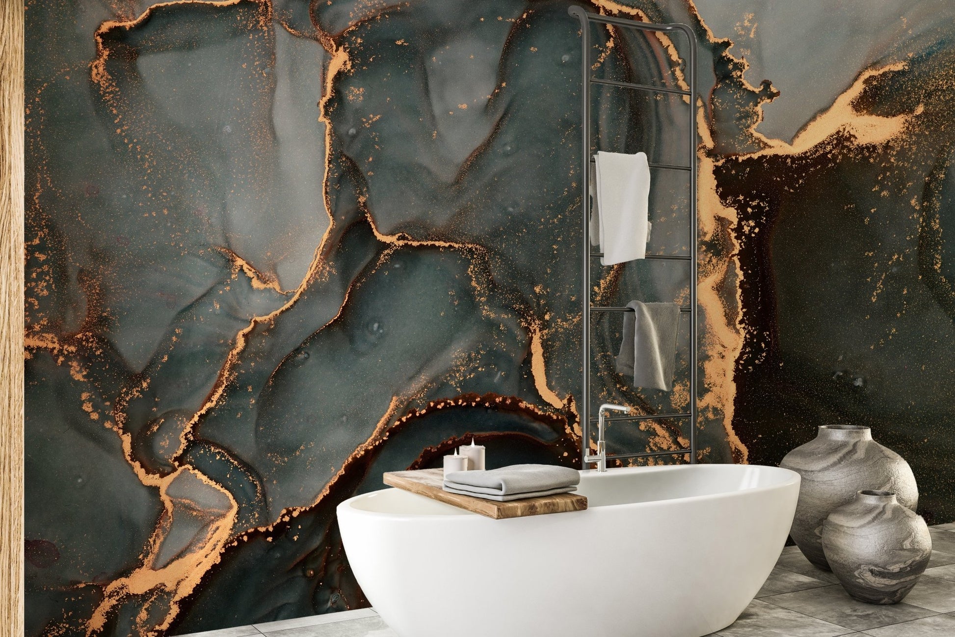 Abstract black-gray marble wall mural for elegant bathroom