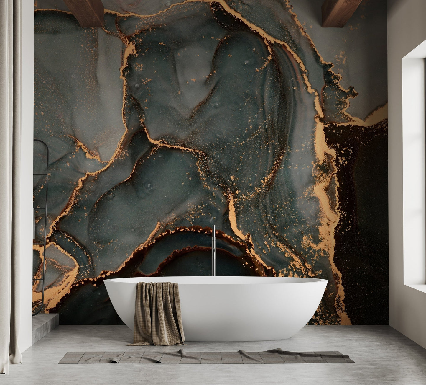 Sophisticated marble wall mural with gold accents in a spa-style bathroom.