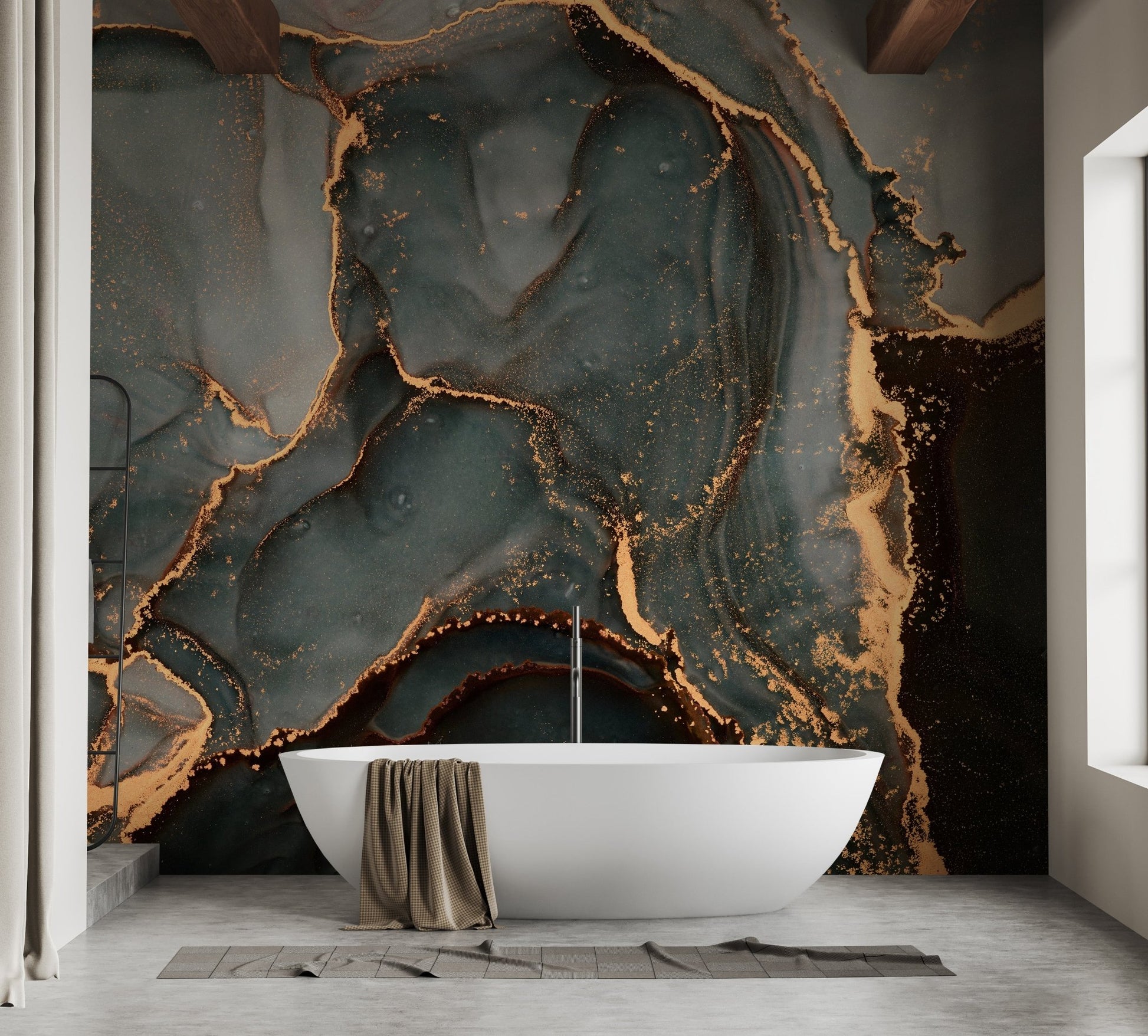 Sophisticated marble wall mural with gold accents in a spa-style bathroom.