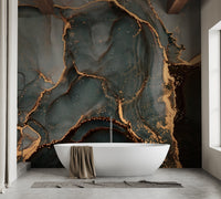 Sophisticated marble wall mural with gold accents in a spa-style bathroom.