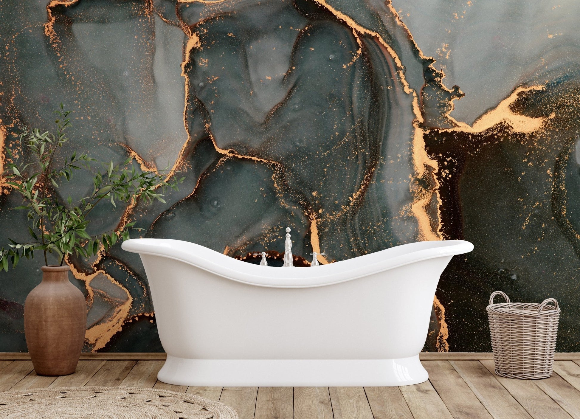 Marble effect wall mural with golden fluid lines behind a vintage style tub.