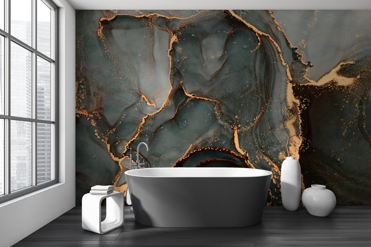 Luxury mural featuring dark grey stone patterns in a minimalist washroom.
