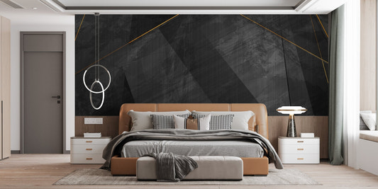 Black marble Texture Wall Mural behind a tan leather bed in a bedroom.
