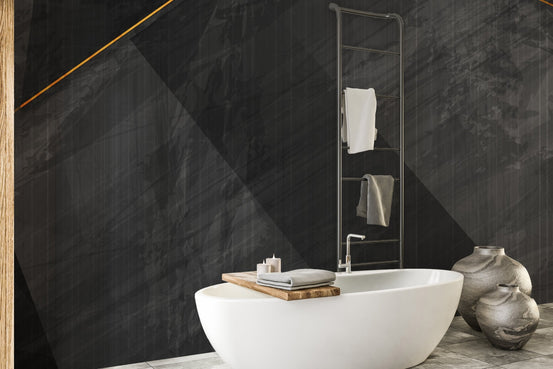 Modern bathroom vanity featuring a black marble wall mural background.