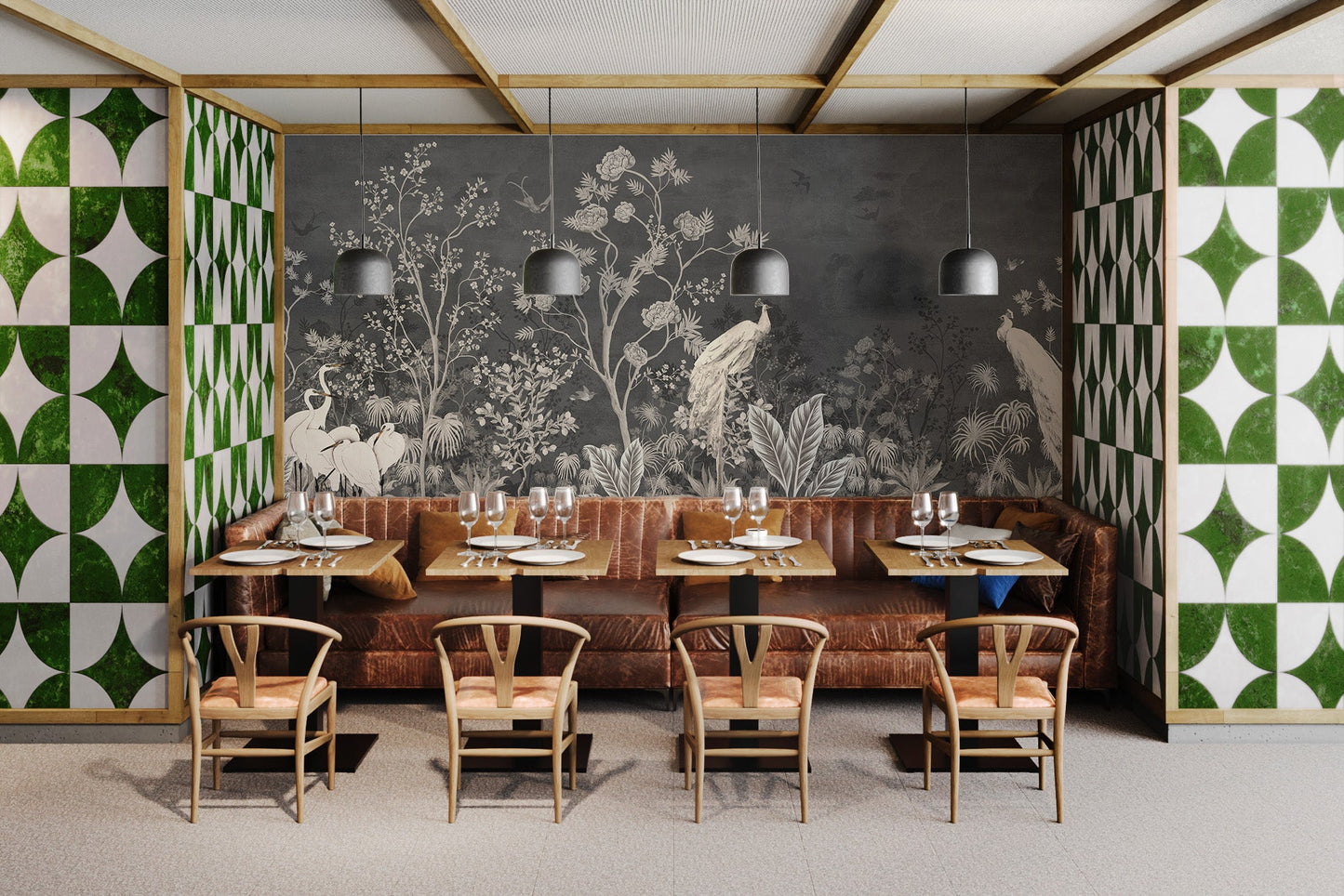 Vintage style peacock wall mural in a luxury restaurant setting