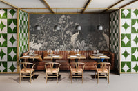 Vintage style peacock wall mural in a luxury restaurant setting