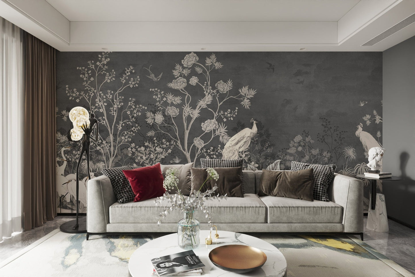 Grey and white peacock wall mural for a contemporary living room interior.