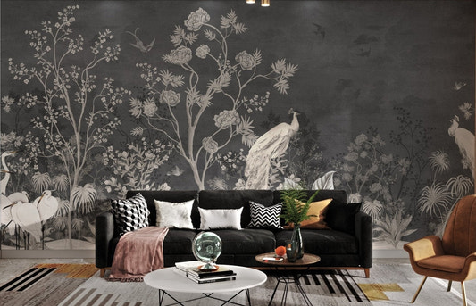 Black vintage jungle peacock wall mural in a modern living space