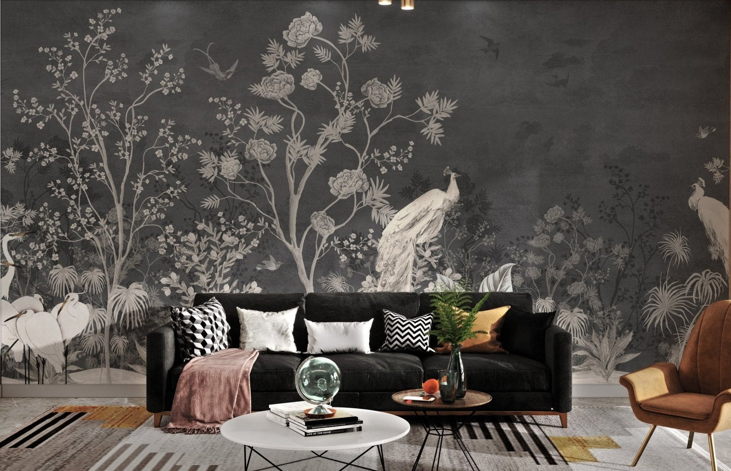 Black vintage jungle peacock wall mural in a modern living space
