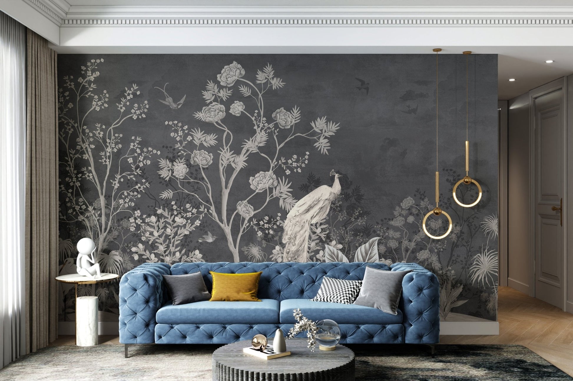 Grey botanical mural with peacock motifs for a living room wall