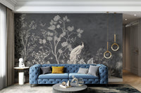 Grey botanical mural with peacock motifs for a living room wall