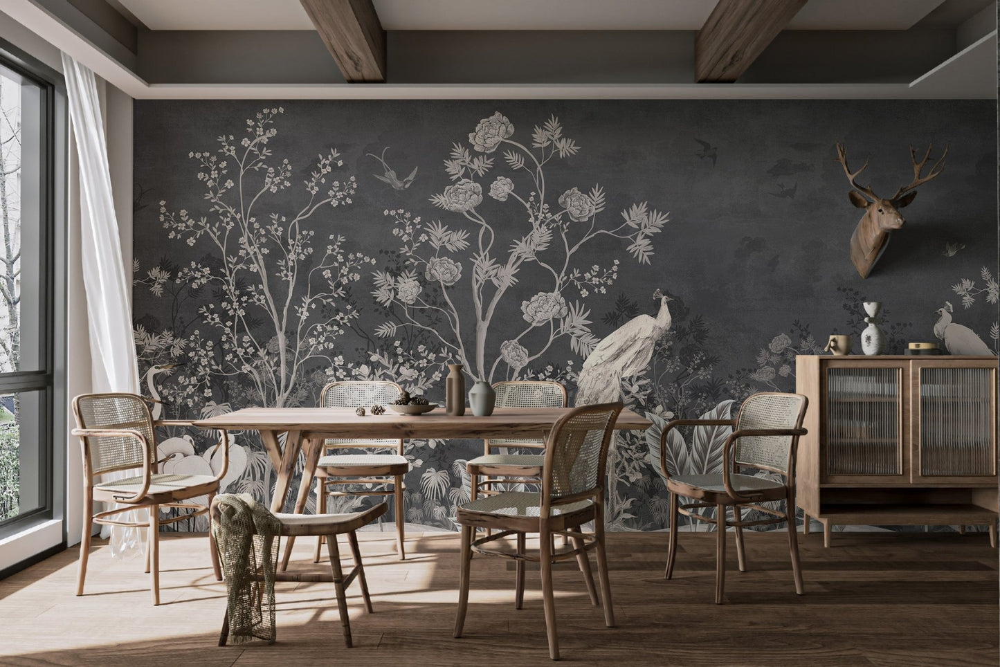 Classic black vintage jungle peacock wall mural for a dining room